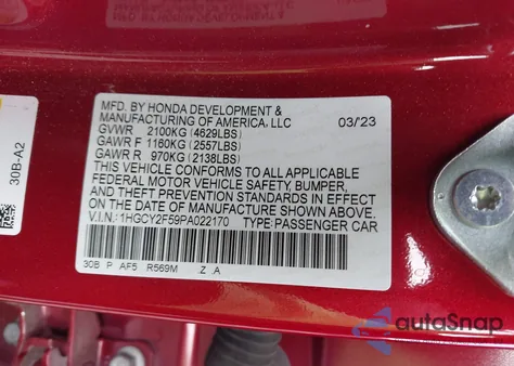 2023 Honda Accord Hybrid Sport from USA, damaged, VIN 1HGCY2F59PA022170